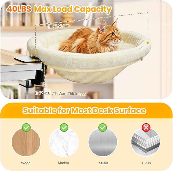 Pawaboo Cat Desk Bed, Sunken Cats Hammock with Steel Clamp Hold up to 40lbs, One-click Foldable Cat Side Table Beds with Soft Plush, Reversible & Washable Hanging Cats Bed for Game Home Desktop, Beige