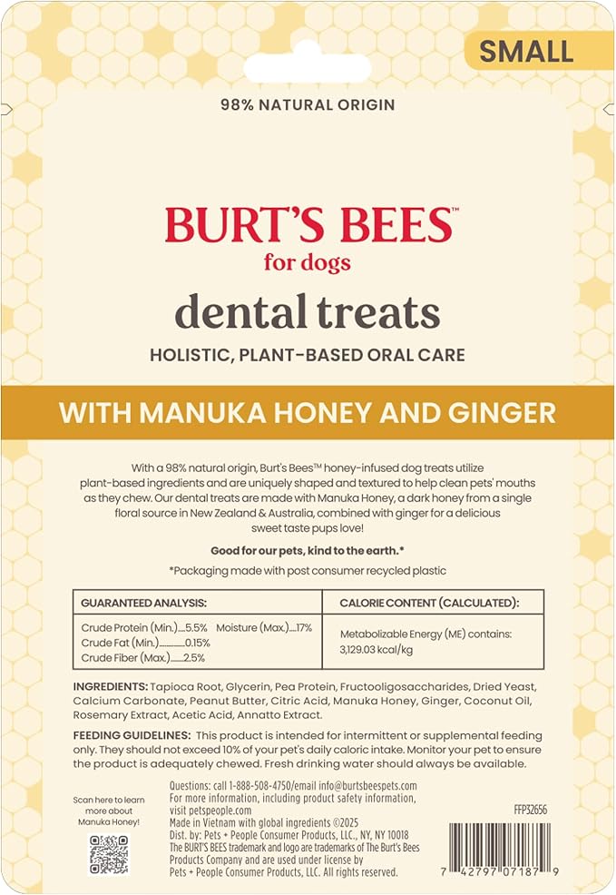 BURT'S BEES FOR PETS Dental Treats for Dogs with Manuka Honey & Ginger, 98% Natural Origin, Holistic Oral Care, Freshens Breath, Peanut Butter Flavor, Small Size, 10 ct, 6.8 Oz