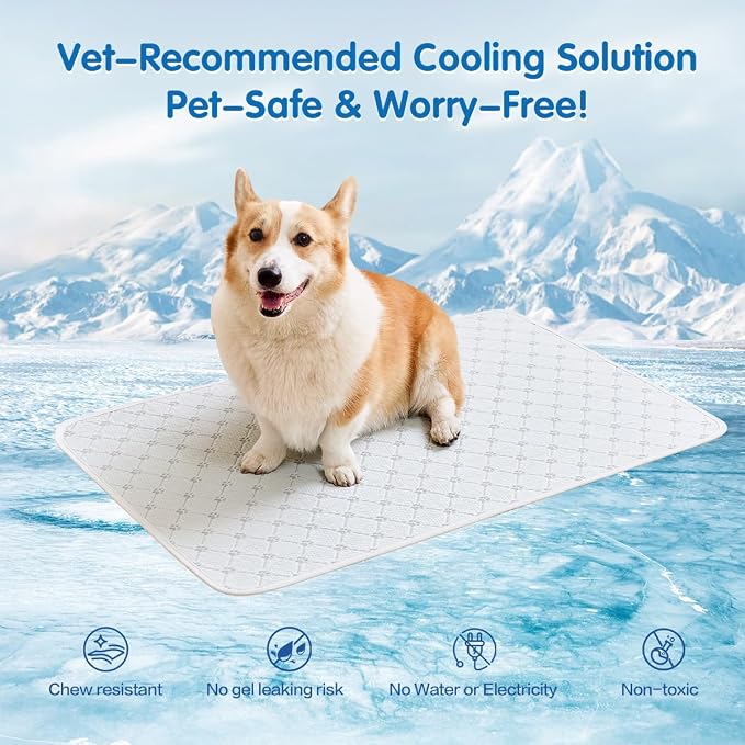 Pet Cooling Mat Scratch Resistant QMAX>0.5 Instant 6-12°F Drop, No Water or Electricity Needed Self Cooling Crate Mat for Bed, Floor, Car Travel Indoor Outdoor Summer Use Light Gray 36" x 24"