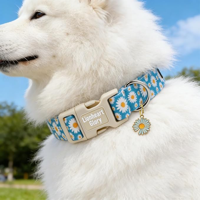 Lionheart Glory Dog Collar - Cute Daisy Floral Pet Collar with Quick Release Buckle, Soft Adjustable Collar for Medium Dogs Puppy Male Female Spring Summer