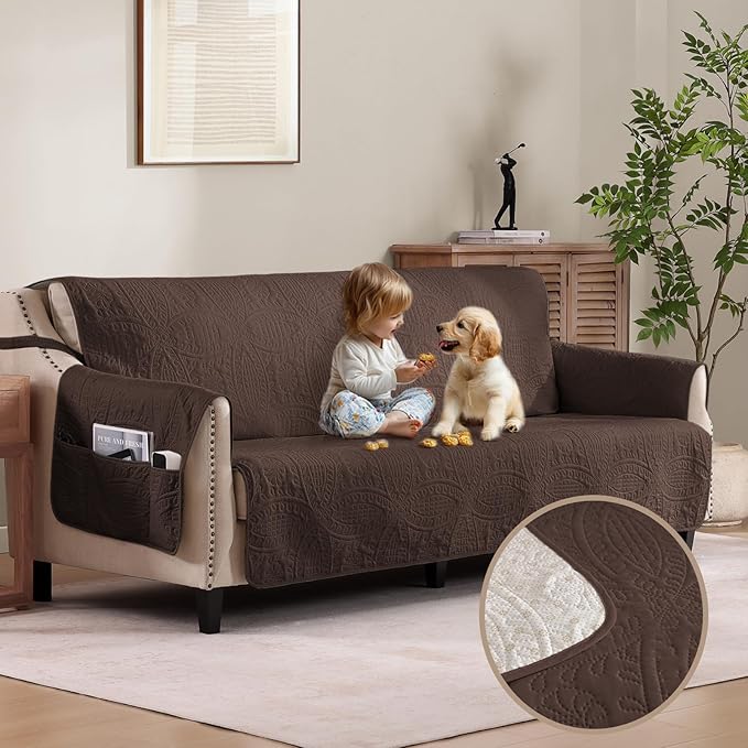 Quilted Sofa Slipcovers with Pockets, Medallion Designed Anti-Slip Couch Covers for 3 Cushion Sofa, Couch Cover for Dogs Cats Water-Repellent Machine Washable (Large Sofa 68", Chocolate)