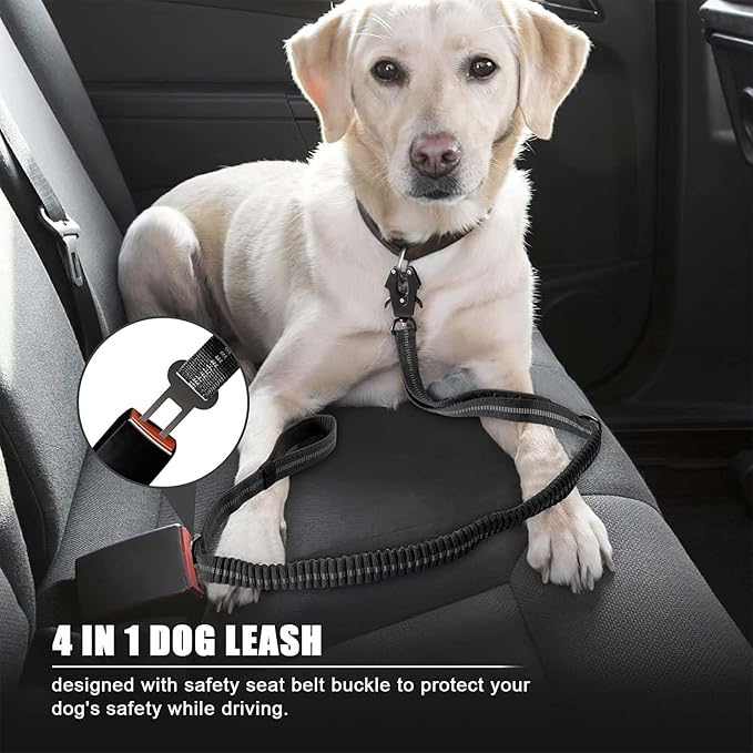 Heavy Duty Tactical Dog Leash, 4-6FT Shock Absorbing Bungee Lead with 2 Padded Handles, Metal Carabiner & Seatbelt Clip, Reflective No-Pull Leash for Medium/Large Dogs Black