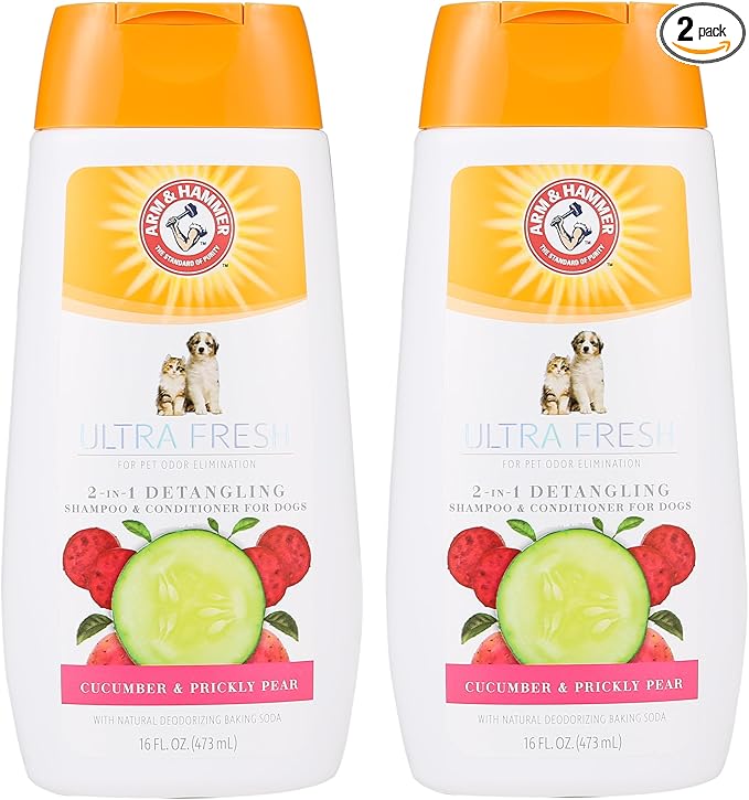 Arm & Hammer Ultra Fresh 2 in 1 Detangling Dog Shampoo and Conditioner with Baking Soda Deodorizer, Moisturizing Pet Wash for Tangles and Odor Control, Cucumber Prickly Pear Scent, 16 Fl Oz - 2 Pack