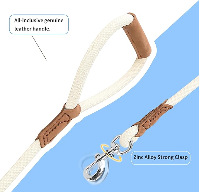 Mile High Life Leather Dog Leash, Heavy Duty Strong Genuine Leather Handle Rope Leash Soft and Comfortable for Small Medium Large Dogs (Cream White, 60 Inch)