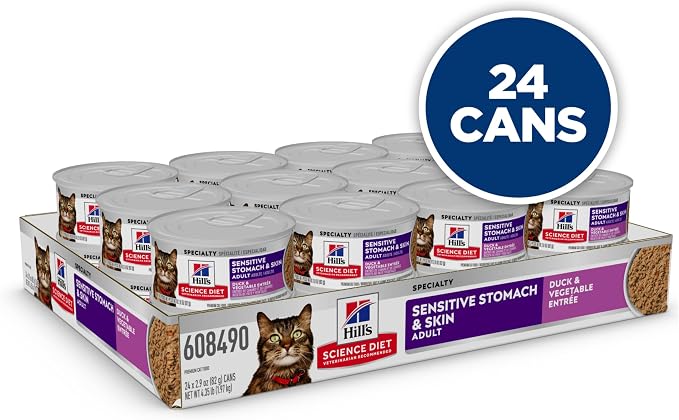 Hill's Science Diet Adult Sensitive Stomach & Skin Wet Cat Food, Duck & Vegetable, 2.9 oz. Cans, 24-Pack