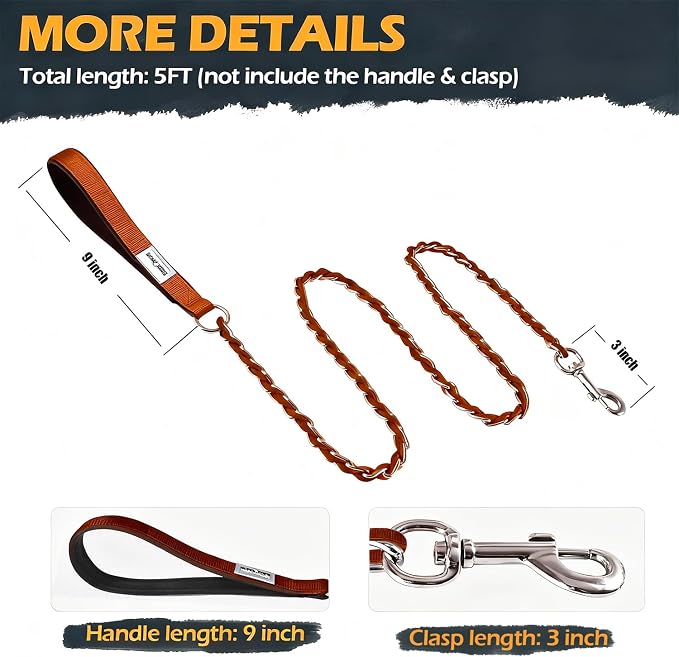 Chain Dog Leash Chew Proof Metal Leash for Medium Large Dogs, Chain Link Dog Anti Chew 5.2FT / 4FT Strong Anti Bite Comfortable Soft Padded Handle (Brown, 4FT（30-80lb）)