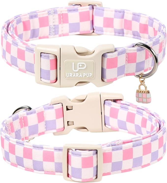 Cute Plaid Cotton Dog Collar, Pink Purple Checkered Dog Collar, Soft Adjustable Puppy Collars with Charm & Quick Release Buckle for Small Medium Large Dogs