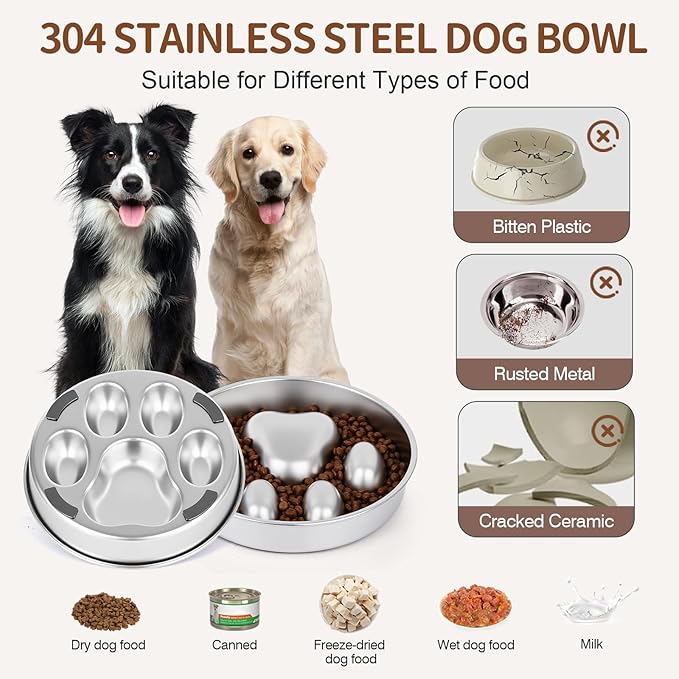 Slow Feeder Dog Bowl for Fast Eating Dogs Stainless Steel Heavy Duty 8.2" with Non-Slip Base, Raised Obstacle Slow Down Eating for Small Medium Large Dogs, Reduces Bloat & Indigestion, Dishwasher Safe