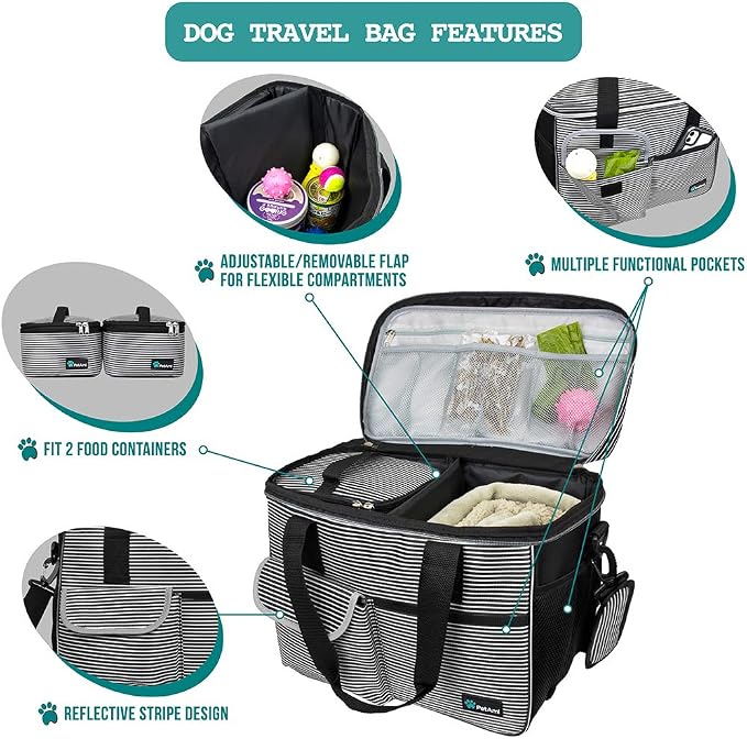PetAmi Dog Travel Bag Organizer, Pet Travel Kit with 2 Food Containers & 2 Collapsible Dog Bowls, Pet Supplies Tote with Luggage Sleeve, Weekend Road Trip Camping Essentials, Stripe Black, Medium