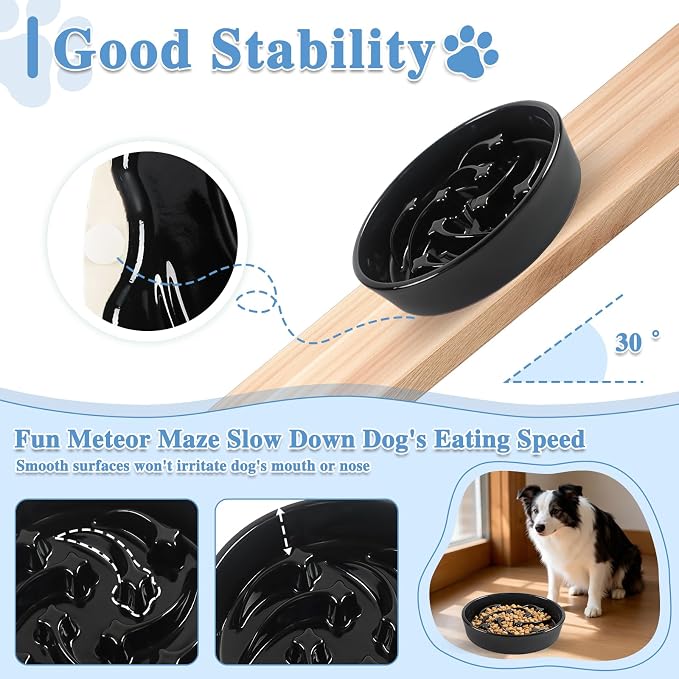 Ceramic Slow Feeder Dog Bowls, 2 Cups Dog Food Dish for Medium and Large Breed, Puzzle Dog Food Bowl for Fast Eater, 28OZ, 8.15 inch(Black)