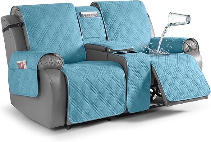 TAOCOCO Loveseat Recliner Cover with Center Console, 100% Waterproof Pet Covers for Dual Recliner with Straps Design, Split Reclining Loveseat Cover Furniture Pet&Kids Protector(2 Seater, Sky Blue)