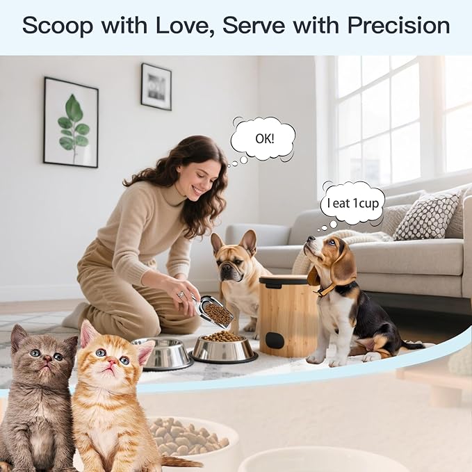 Dog-Cat Food Scoop 1 Cup – Thickened 304 Stainless Steel Pet Food Scoop with Long Handle, Precision Scale, Easy to Clean, for Wet Dry Food