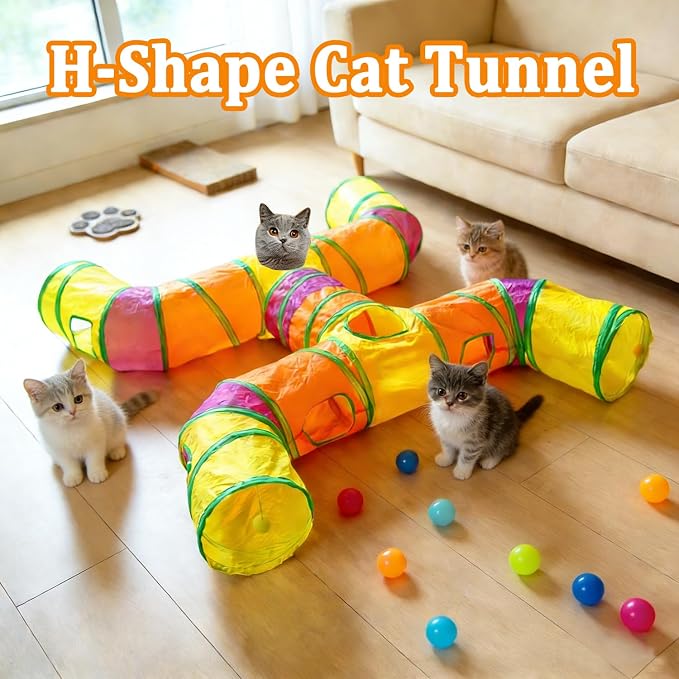 4-Way Large Cat Tunnel, H Shape Cat Tube Toy with Interactive Playing Balls, Peek Hole for Indoor Cats, Kitten, Kitty, Puppy, Rabbit (Multicolor)