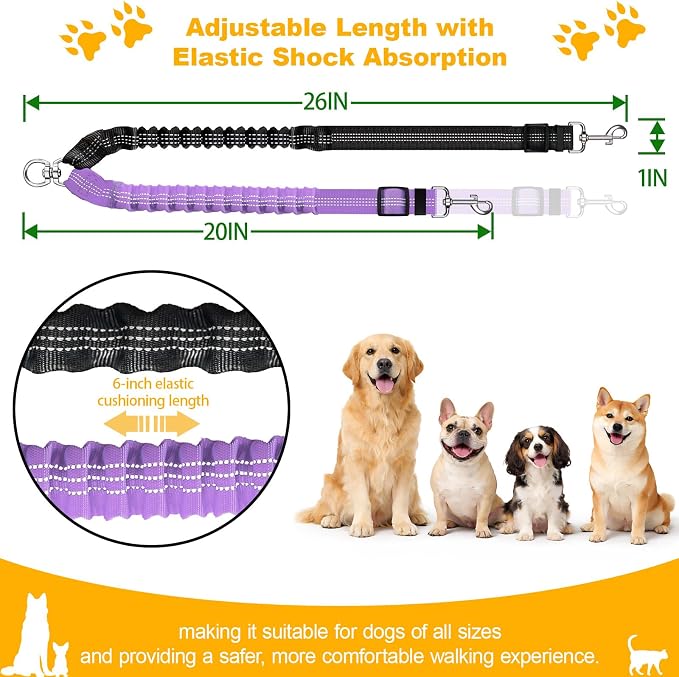 Double Dog Leash for Two Dogs, Professional No Tangle 360° Swivel Coupler with Shock Absorbing Bungee, Adjustable Length Dual-Sided Reflective Two Dogs Lead Splitter for Small Medium Large Dog