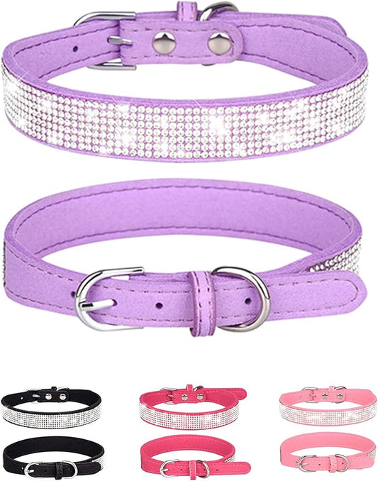 Dog Collar for Large Dogs, Adjustable Leather Suede Bling Dog Collars，Purple Dog Collar Cat Collar, Rhinestone Dog Collar(L, Purple)