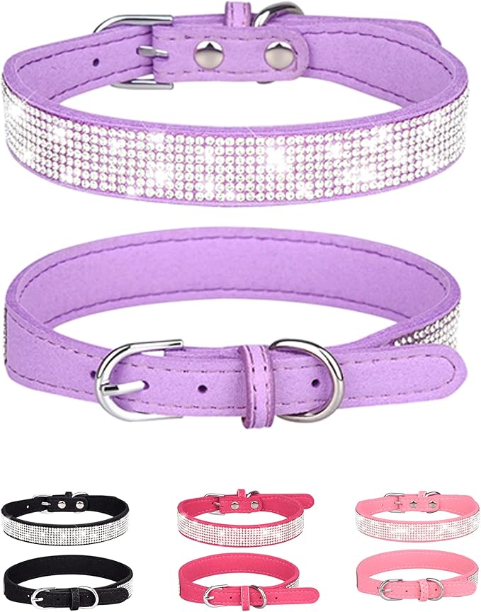 Dog Collar for Small Dogs, Adjustable Leather Suede Bling Dog Collars，Purple Dog Collar Cat Collar, Rhinestone Dog Collar (XS, Purple)