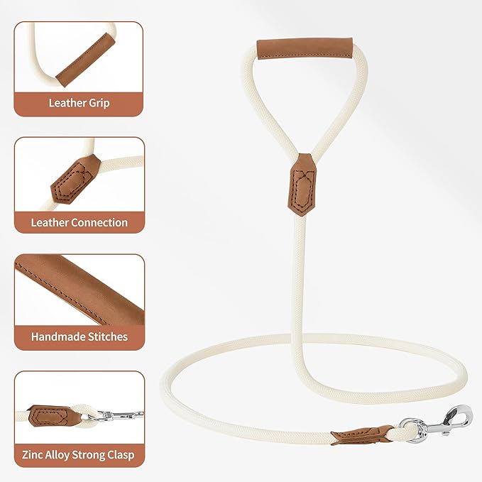 Mile High Life Leather Dog Leash, Heavy Duty Strong Genuine Leather Handle Rope Leash Soft and Comfortable for Small Medium Large Dogs (Cream White, 48 Inch)