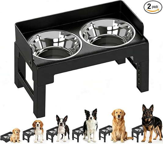 PAKEWAY Elevated Dog Bowls, Spill Proof, Tiltable Dog Feeder with 2 Stainless Steel Bowls, 6 Height Adjustable Raised Bowl