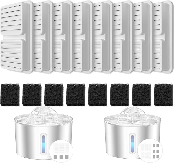 Replacement Filter for Cat Water Fountain - 8 Packs Pet Water Bowl Filters - 8 Filters & 8 Sponges Set for Stainless Steel Cats/Dog Water Dispenser - Activated Carbon & Foam Filtered Refill