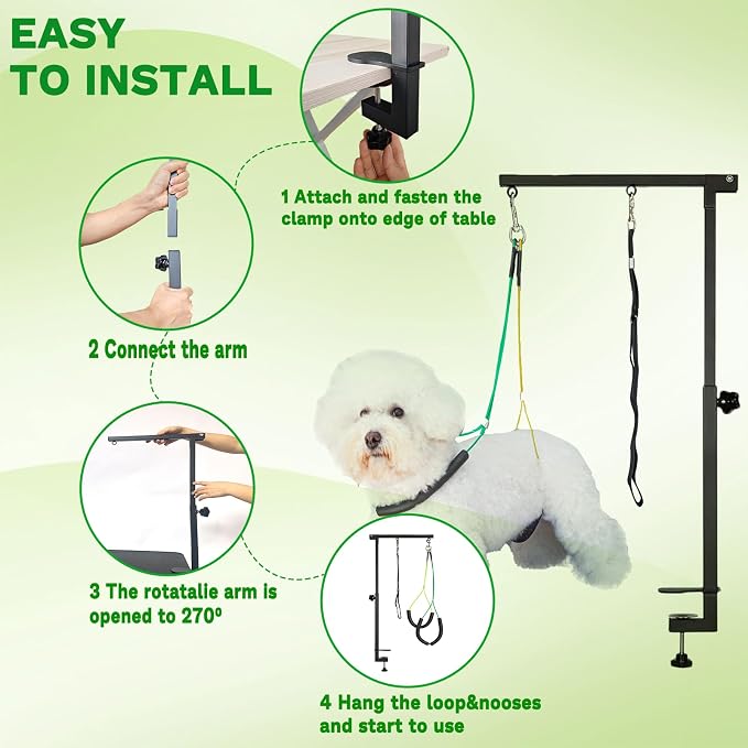 Dog Grooming Arm with Clamp, Hammock Assistant, Dog Grooming Table Arm with Dog Grooming Harnesses for Small Pets, Dog Grooming Stand for Hair Cutting Blowing Washing Bathing Nail Trimming Clipping