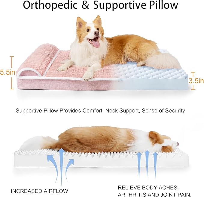 Orthopedic Dog Bed Large Sized Dog with Pillow 36''X24'', Waterproof Soft Comfortable Egg Crate Foam Pet Crate Beds Mat with Removable Washable Cover and Non-Slip Bottom, Pink