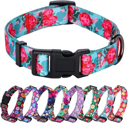Girl Dog Collars Summer Floral Rose Print, Female Flower Collar, Turquoise, Medium