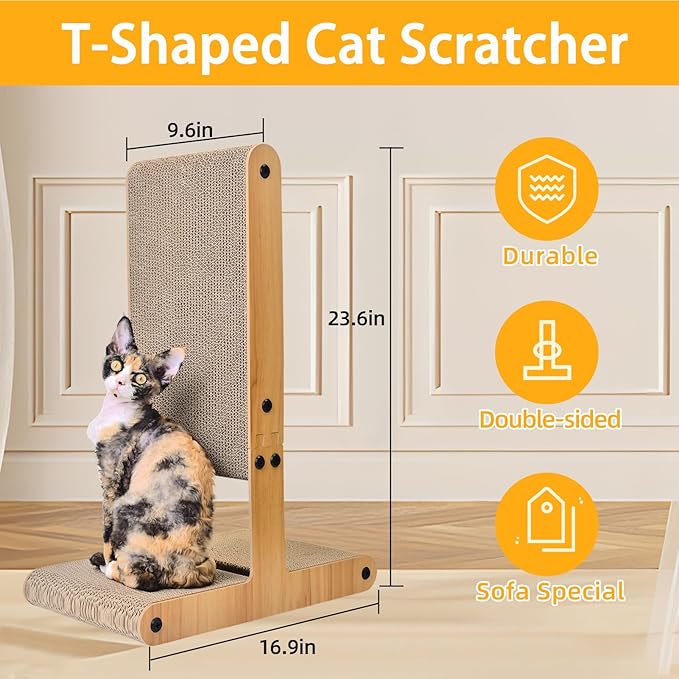 Nekosan Cat Scratcher, T-Shaped Cat Scratcher for Indoor Cats, Double-Sided Cat Furniture Protector, 23.6x16.9x9.6 inch Large, Cardboard Cat Scratcher with Ball Cat Toy