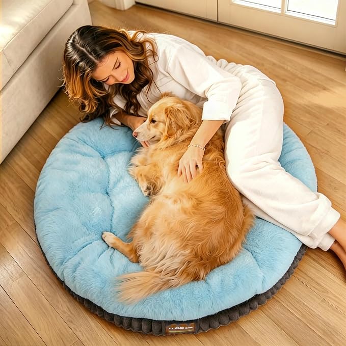 ClevaHome Orthopedic Dog Bed for Large Medium Dogs, 42 inches Round Double-Layer Plush Dog Bed, Removable Washable Cover, Anti-Slip Bottom, Ice Blue