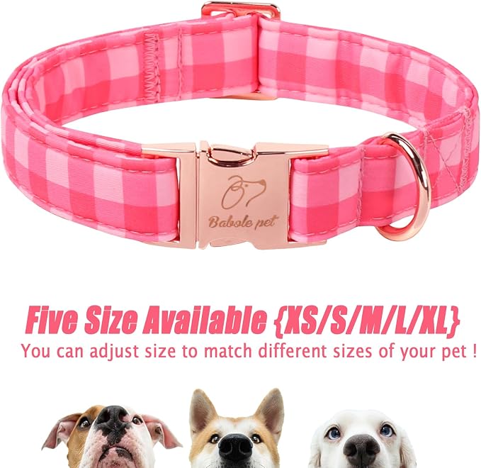 Pink Checkerboard Dog Collar, Classic Girly Plaid Dog Collars, Adjustable Heavy Duty Girl Dogs Collar for Small Medium Large Dogs with Metal Buckle XS