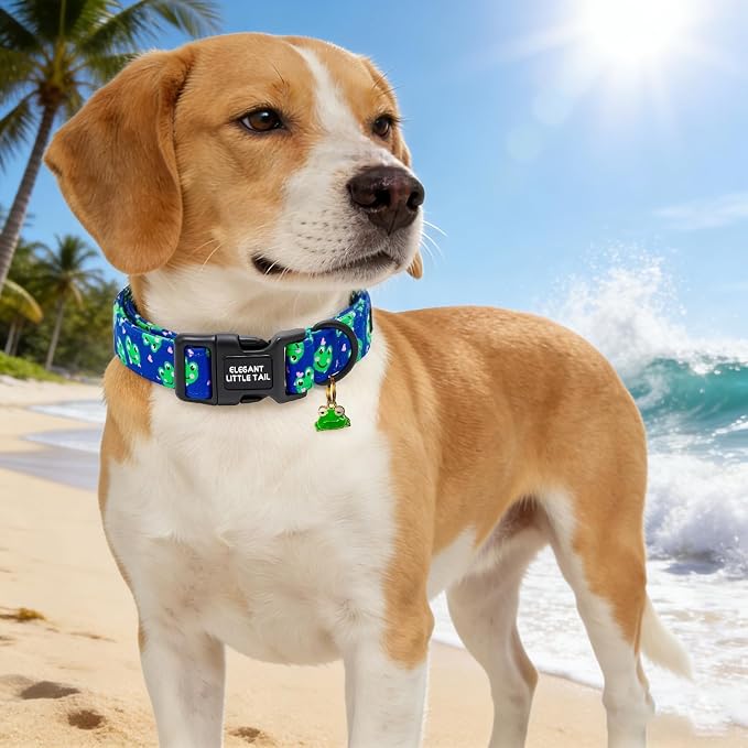Elegant Little Tail Summer Dog Collar, Cute Green Frog Pattern Soft Cotton Pet Collars with Sturdy Quick Release Buckle Male Adjustable Pet Collar for Small Medium Large Dogs