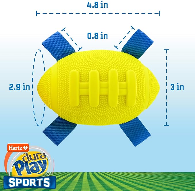 Hartz Dura Play Sports Football Dog Toy, Bacon Scented Squeaky Latex Yellow & Blue Toy, 1 Count