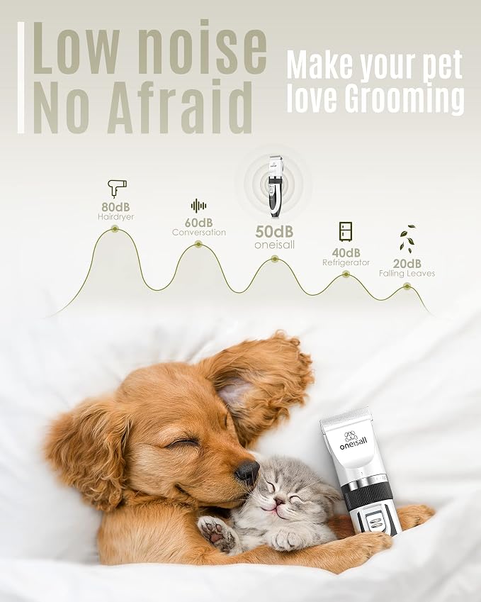 oneisall Dog Clipper Low Noise, Dog Grooming Kit with Rechargeable, Dog Shaver Cordless Electric Quiet Hair Clipper Set for Dog Cats Pets（White）