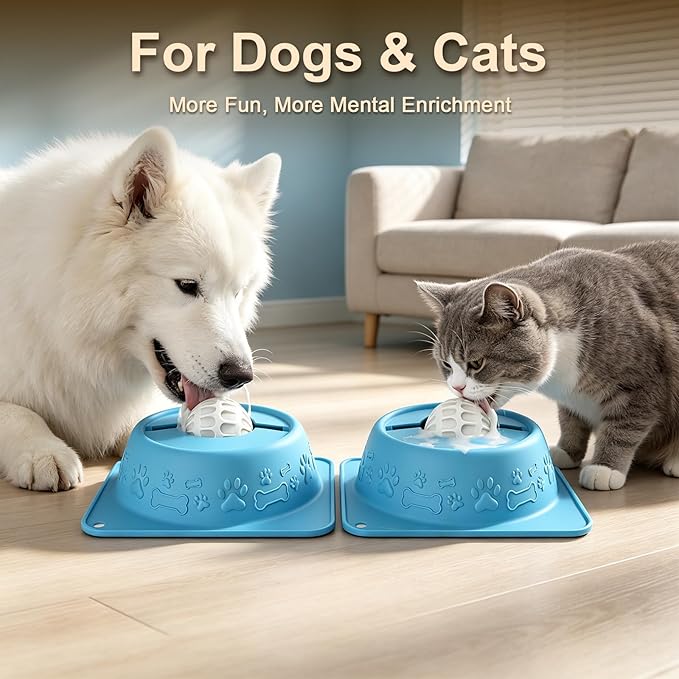Slow Feeder Lick Bowl for Dogs and Cats, Anti-Slip Pet Water Bowl with Smooth Rolling Ball, No Spill Bowl for Water, Bone Broth, Yogurt & Pumpkin Puree, for Large Medium Small Pets, Light Blue