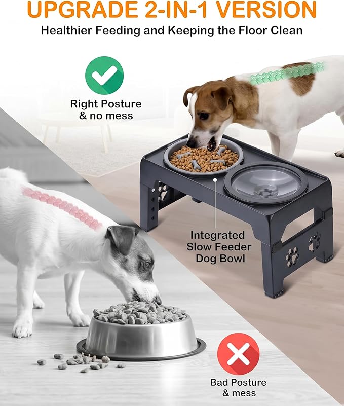LALOBLUE Elevated Dog Bowls, Raised Dog Bowl with 2 Stainless Steel Dog Food Bowls, Dog Bowls Stand Adjusts to 5 Heights 2.95", 8.46", 9.65", 10.82", 12.01" for Small Medium Large Dogs Cats Pets,Black