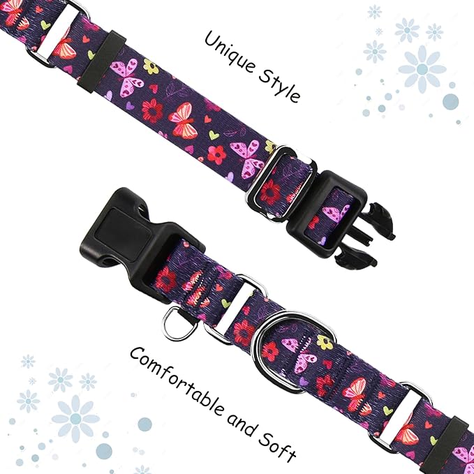 Martingale Collar with Buckle Purple Nylon Adjustable Cute Girl Female Dog Collars (Butterfly Floral, Small)