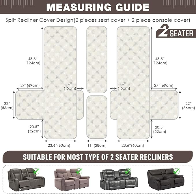 TAOCOCO Waterproof Loveseat Recliner Cover with Console, Non-Slip Reclining Loveseat with Console Cover with Pocket, Split Recliner Sofa Covers Furniture Protector for Pets Dogs(2 Seater, Taupe)