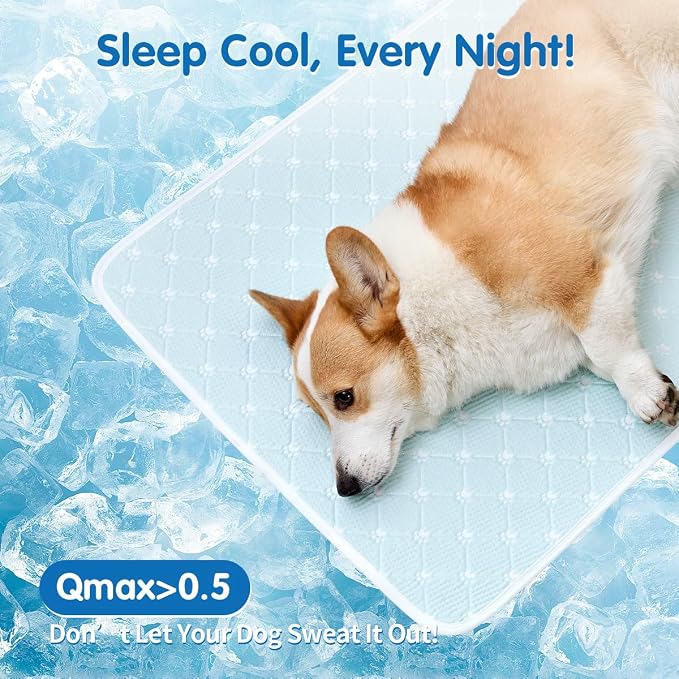 Pet Cooling Mat Scratch Resistant QMAX>0.5 Instant 6-12°F Drop, No Water or Electricity Needed Self Cooling Crate Mat for Bed, Floor, Car Travel Indoor Outdoor Summer Use Light Blue 42" x 28"