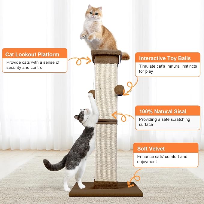 SOCATER Cat Scratching Post 33 Inch Nature Sisal Cat Scratch Post for Indoor Cats, Large Cat Scratcher Protect Your Furniture, for All Breeds Brown