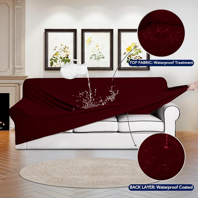 PureFit 100% Dual Waterproof Couch Cover Slipcovers for Couches and Sofas - Stretch Non Slip Fleece Sofa Covers Washable, Leakproof Furniture Protector for Kids, Pets, Dog (Sofa, Wine)