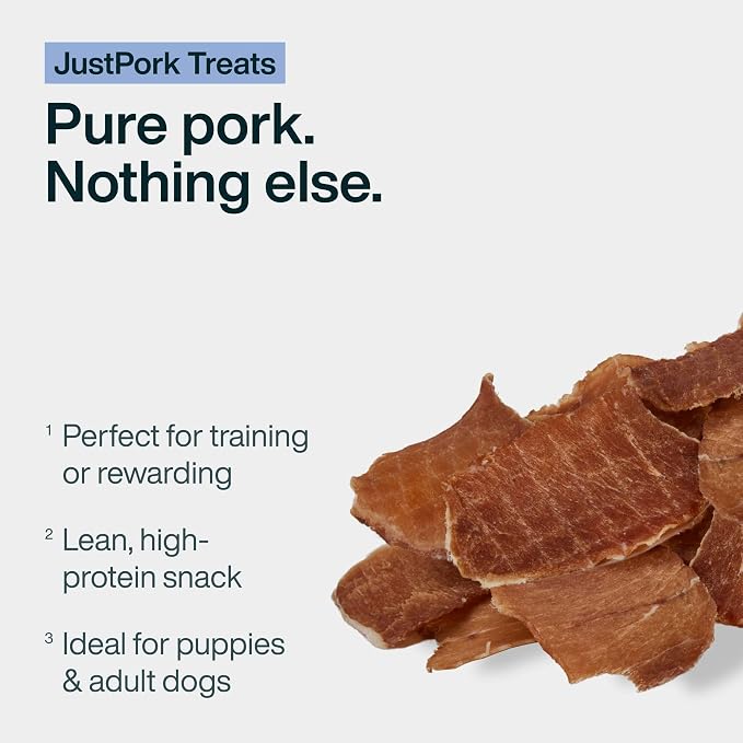 JustFoodForDogs Single Ingredient Healthy Dog Treats and Dog Snacks, Jerky Treats, Human Grade, Preservative and Grain Free, Rawhide Free Chews, Low Calorie Treat - Pork, 5 oz