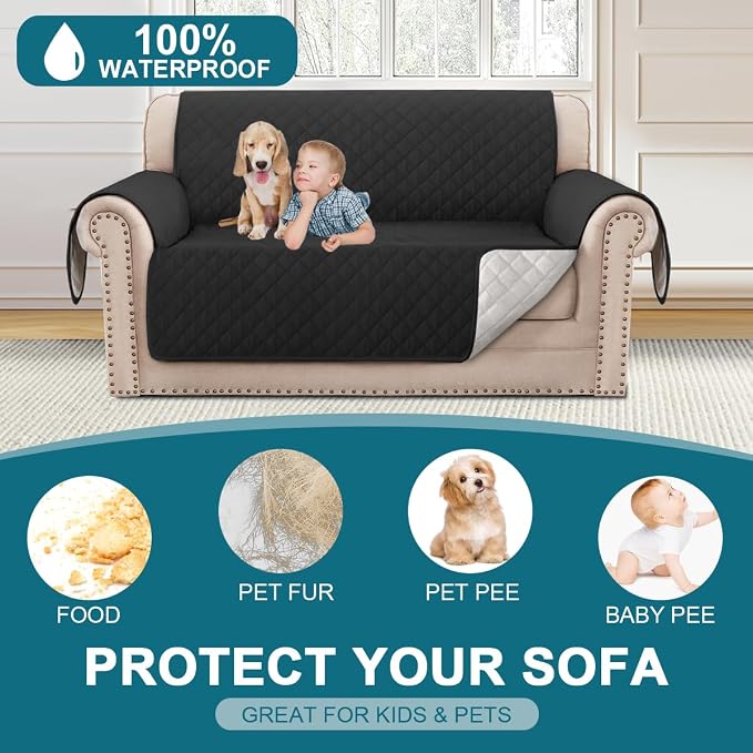 Turquoize 100% Waterproof Couch Cover Sofa Covers for 2 Cushion Couch Loveseat Covers Triple Non-Slip Couch Cover for Dogs Washable Furniture Protector Cover for Pets, Kids,Dog (Loveseat 54", Black)