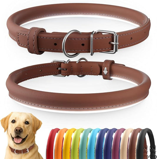 CollarDirect Reflective Rolled Leather Dog Collar, Soft Padded Round Puppy Collar, Handmade Genuine Leather Collar Dog Small Large Cat Collars 13 Colors (15-18 Inch, Brown Reflective)