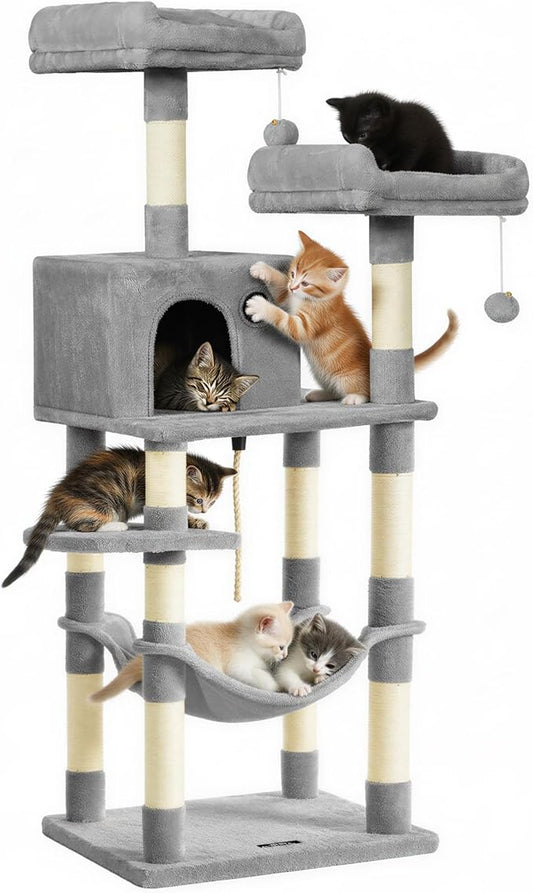 Feandrea Cat Tree, 55.8-Inch Cat Tower, Multi-Level Plush Condo with 11 Scratching Posts, 2 Perches, Hammock, Cave, Light Gray UPCT15W