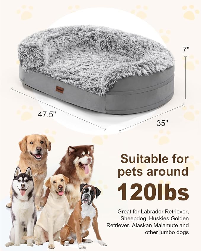 iweepet Fluffy Claiming Jumbo Orthopedic Dog Beds for Extra Large Dogs, Supportive Dog Sofa Bed with 3.7 inch 28D Egg-Crate Foam, Removable Washable Plush Cover, Waterproof Lining, 48’’,Grey