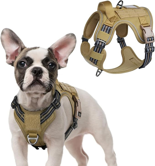 rabbitgoo Tactical Dog Harness for Small Dogs, No Pull Military Service Vest with Handle & Molle, Easy Control for Training Walking, Adjustable Reflective Straps, Brown, S