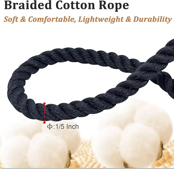 5FT Puppy Leash for Small Dogs, 1/5" Lightweight & Soft Cotton Braided Rope Dog Leash for Cats/Tiny Breed Pets Walking Training, Black