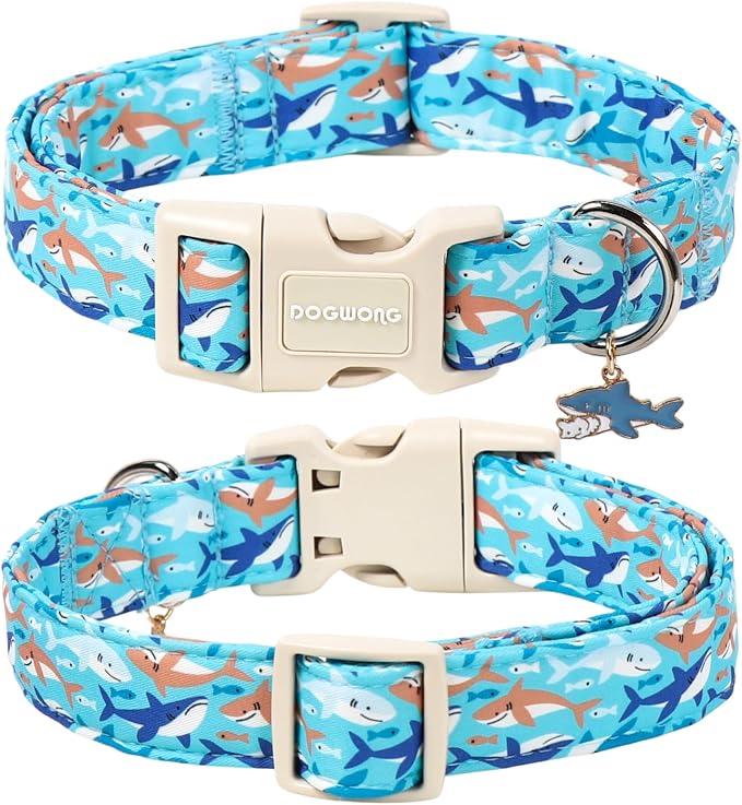 Summer Shark Dog Collar for Boy Dogs- DOGWONG Beach Coastal Dog Collar, Adjustable Soft Hawaiian Dogs Collars for Small Medium Dogs, XS