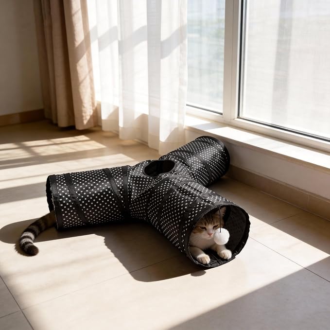 Cat Tunnel Collapsible, More Interactive Indoor Play Toy Tube for Cats & Kittens with Crinkle Paper and Peekaboo Holes(Y)