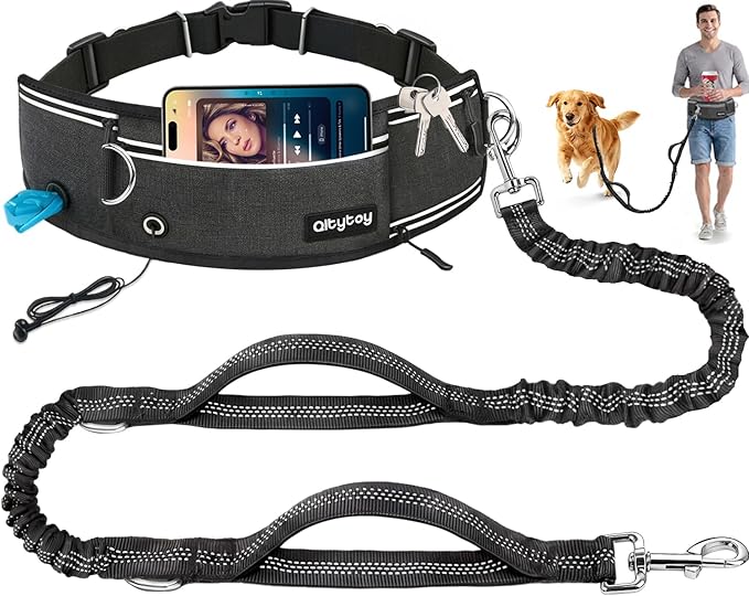Hands Free Dog Leash, 240LB Heavy Duty Retractable with Partitioned Pouch Adjustable Waist Belt for Walking Running Jogging Hiking Biking Training for Medium/Large 25-120LBS Dog(Not for＜25LBS)
