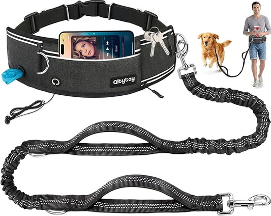 Hands Free Dog Leash, 240LB Heavy Duty Retractable with Partitioned Pouch Adjustable Waist Belt for Walking Running Jogging Hiking Biking Training for Medium/Large 25-120LBS Dog(Not for＜25LBS)